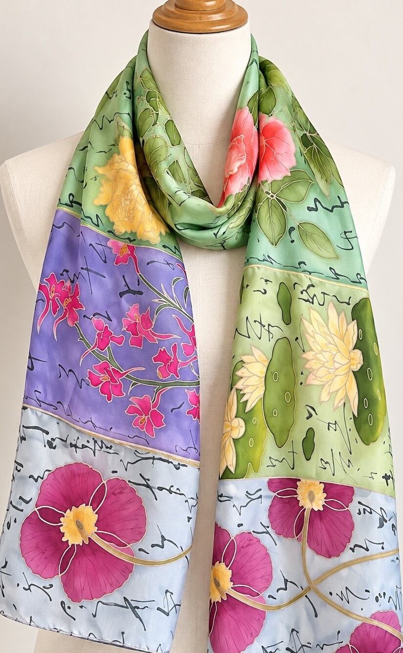 Red Fish Designs 100 Silk Scarf NWT Hand Painted Floral Art to Wear Chinese Y2K